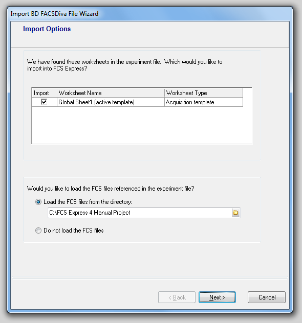 图23.1  Import FACSDiva File Wizard - Import Options (导入FACSDiva文件向导 - 导入选项)